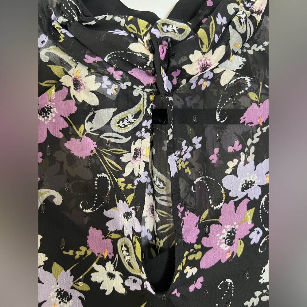 ASTR Floral Blouse Long Sleeve Ruffle Shoulder Black Purple Green Semi Sheer Med - Picture 13 of 14